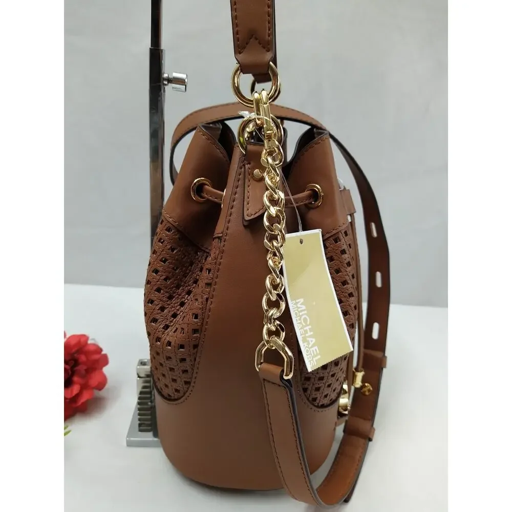 Michael Kors Devon Brown Leather Drawstring Bucket Shoulder Bag - NWT $498